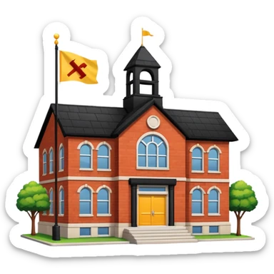 magic school, with a flag, flag on a roof, yellow flag, white school sticker