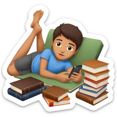 emoji student lying with phone instead of studying, lazy, books, white background, sticker