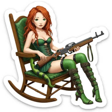 solarpunk ultra HD very old and tired Tori Amos casually crouches on a rocking chair in a torn corset, holding a lintlock double-barreled rifle and with muddy feet. a big snake wrapped itself around the chair sticker