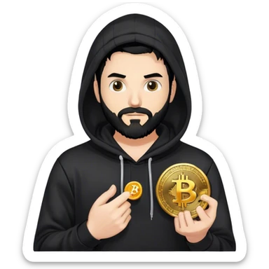 hackeur blanc cheveux noir barbe et capuche noir avec un bitcoin sticker