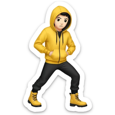 Invincible but whering a yellow hoodie and the mouth covered whering black pants and black boots sticker