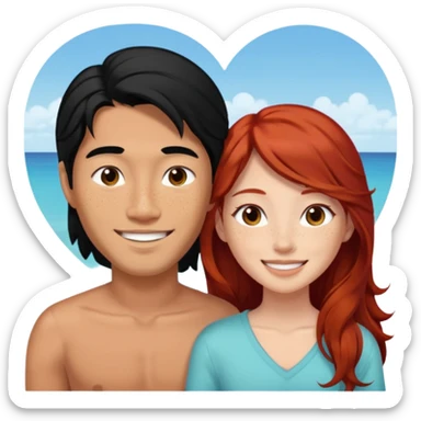 long black haired asian man in love with redhead girl in fiji sticker