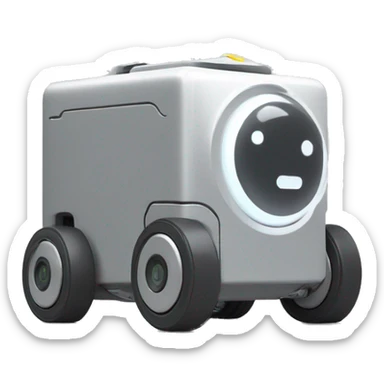 solid rectangle gray delivery robot with white circle white led eyes and opening lid on 4 wheels with food sticker