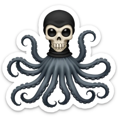 satanic octopus skeleton with scary evil eyes, wearing a black balaclava. 2 tentacles are each holding a skeleton bone sticker