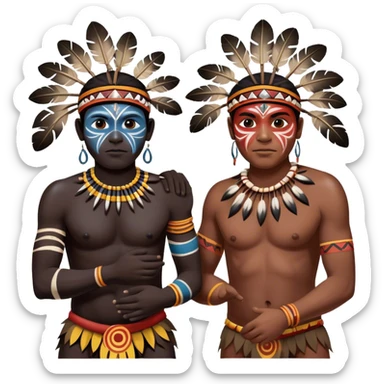 Cinematic Realistic scene of two indigenous male aboriginals performing an Aboriginal Corroboree, adorned in traditional body paint, A corroboree is an Australian Aboriginal ceremonial meeting. It usually includes celebration of Aboriginal mythology and spirituality, which is based in the Dreaming sticker