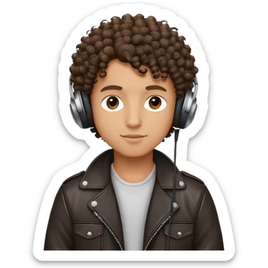curly haired boy wearing a leather jacket and headphones music producer sticker