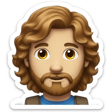 man with brown long hair, a beard and blue eyes holding an iphone sticker