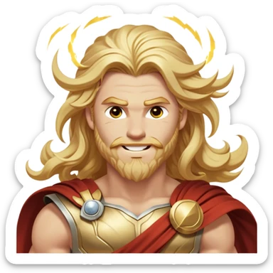 Cinematic Realistic Thor Portrait, head tilted dramatically with an exaggeratedly amused expression, featuring lively, twinkling eyes and a subtle, roguish grin. His fair, radiant skin and long, wavy golden hair, rendered with classical precision, complement his draped white toga adorned with delicate golden details and mythic lightning hints, all brought to life with dynamic lighting that captures both his divine power and playful, approachable charm. sticker
