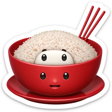 a cute iPhone emoji version of a red rice bowl on a plate, with a visible bite mark sticker