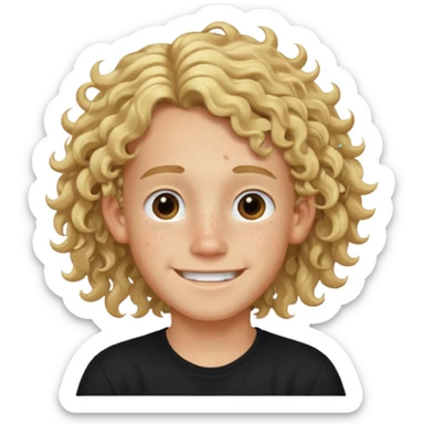 blonde boy with long curly hair past his ears, smiling, wearing a black shirt with freckles sticker
