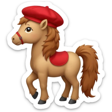 A cute pony (horse) emoji, full body, standing in side view, wearing a stylish red beret. sticker