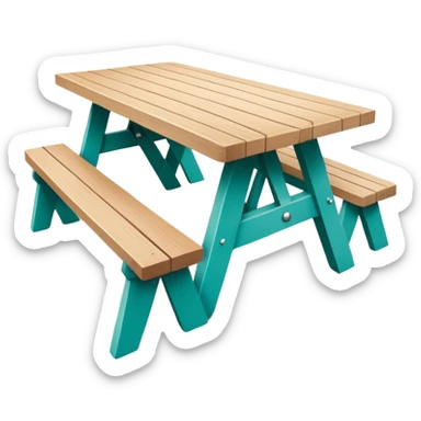 rectangular picnic table with benches, white tips on table and bench ends, straight vertical legs, soft teal color, small wheels, flat wood-style silhouette, clean geometry, minimal shading sticker