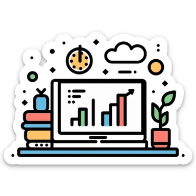 academic research with books, laptop and data charts sticker