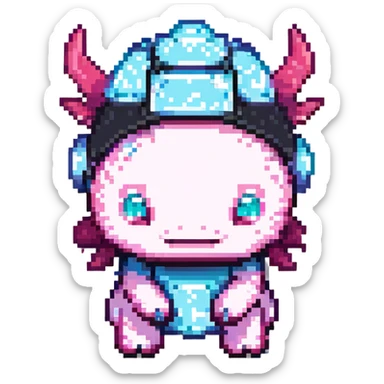 Minecraft axolotl wearing a diamond helmet, pixelated, cute and adventurous look sticker