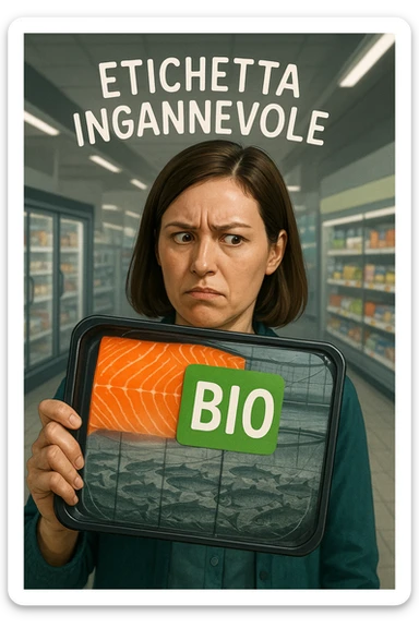 Scena in un supermercato moderno: uomo o donna tiene in mano una confezione di salmone etichettata 'BIO', con un grande bollino verde. Ma in trasparenza, dietro l’etichetta, si intravede un allevamento intensivo di salmoni in gabbie marine, acqua torbida e pesci ammassati. Espressione del cliente confusa e sospettosa. Sopra la testa, testo simbolico fluttuante: 'Etichetta ingannevole'. Colori contrastanti: confezione brillante ma realtà di fondo grigia e artificiale. Stile realistico con elementi simbolici forti realistico sticker