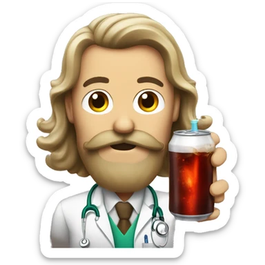 Guy with long hair and a mustache drinking a doctor pepper sticker