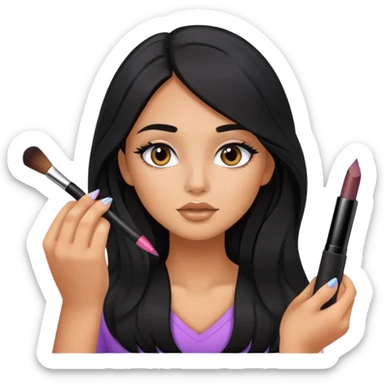 Girly girl young, cute girl, tanned long black hair, putting on makeup sticker