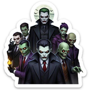 Icon for Thriller Movies: A large, dramatic collage featuring sinister villains and zombies in dark clothing. The background shows the gloomy cityscape of Gotham with dim lighting and eerie shadows. The atmosphere should be tense, mysterious, and suspenseful. Transparent background. sticker