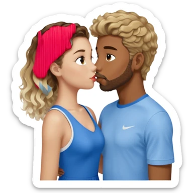 A girl with very long  balayage brown & blond curls kissing a boy with brown short hair and a very short beard. She wears an elegant ress white and he wears a blue sports shirt from nike sticker