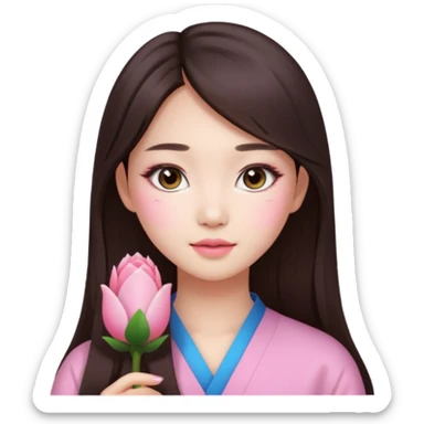 Asian girl with long brunette hair, white skin, makeup pink natural  sticker