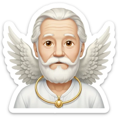 Divine being, elderly man with flowing white hair, long white beard and mustache, large white wings spread behind him, gold hoop earrings dangling from ears sticker