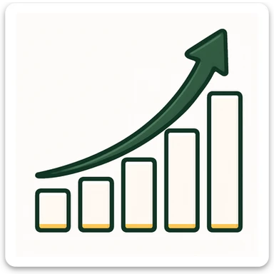 Edit the provided image to create a growth chart in iOS emoji style with a white background. The bars should be white with dark green shadows and details, and the arrow should be dark green with gold accents on both the bars and the arrow. The style should be minimalist with no faces or smileys, focusing on clean and simple design. sticker
