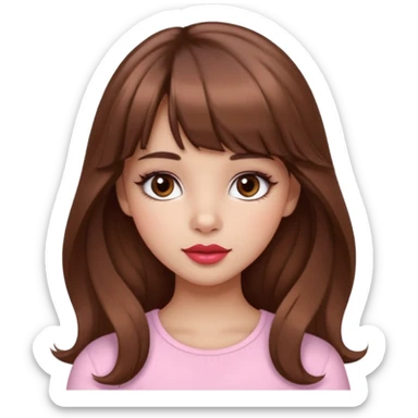A girly girl with medium skin, soft pinkish cheeks, large bambi dark hazel eyes with long eyelashes, long wavy brown hair with full soft bangs, medium straight nose with a soft tip, medium natural red lips,very feminine and pretty features, sticker