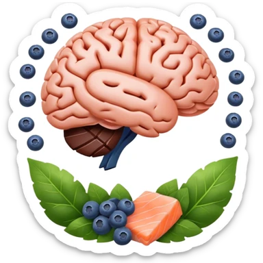brain surrounded by healthy lifestyle choices, exercising, salmon, dark chocolate, blueberries, seeds, leafy greens . brain booster sticker