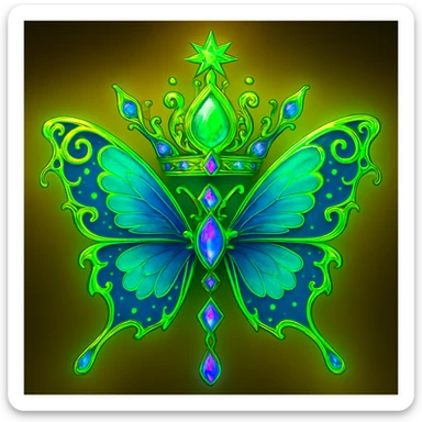 Change the butterfly and crown to a vibrant, magical, and luxurious neon green color with accents of blue and violet. The glowing neon green, blue, and violet tones should blend together beautifully, while preserving all gold details. Keep the background as is. sticker