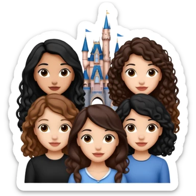 Quiero que crees una imagen donde este el castillo de Disney y por detrás o delante pon a 4 chicas: una con el pelo largo rizado marrón , otra con el pelo muy corto negro, como un chico, otra con el pelo mediano liso marrón y otra con el pelo negro largo liso  sticker