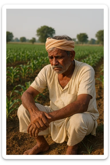 A sad Indian farmer in traditional dhoti, sitting on the ground in a field, looking down, emotional, farm setting. sticker