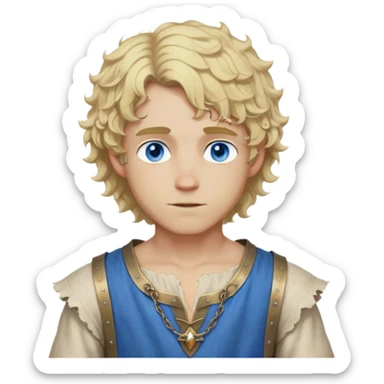 medieval summer outfit worn by a DnD themed fantasy male character. thin sleeveless linen tunic with a V-shaped neckline and frayed edges. clothes only above the waist. The clothes full waist. The character's haven't arms. character is white-skinned, blonde hair, blue eyes, short curly hair. sticker