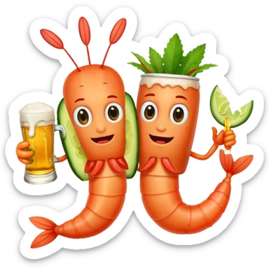 Create a modern emoji-style illustration of two shrimp characters, friendly and cool, slightly cartoon but stylish, not childish.
They are toasting (‘salud’), one shrimp holding a beer mug with aguachile topping, the other holding a fresh aguachile bowl with cucumber and chili.
  sticker
