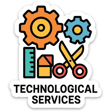 Flat design icon for 'Technological Services' depicting gears, ruler and scissors, or pattern block in a clean and modern style sticker
