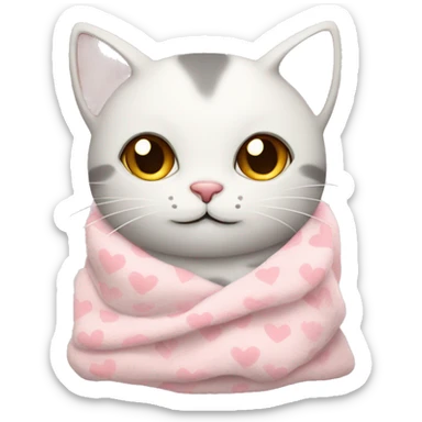 cat with a cozy light pink heart pattern blanket  sticker