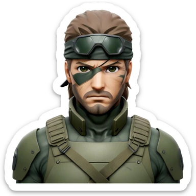 Cinematic Realistic Metal Gear Solid Snake Soldier Portrait, depicted with steely determination and tactical precision. Clad in intricately detailed combat attire in consistent muted greens, browns, and blacks, his rugged, weathered features and piercing eyes exude relentless resolve. Rendered with lifelike texture and dramatic, natural lighting, high shine, noble and stealthy, capturing the essence of a legendary soldier operating in the shadows. sticker