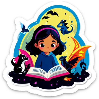girl reading book with mystical creatures coming out of it sticker