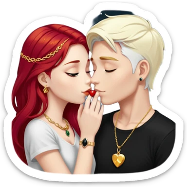 couple kissing, girl with long cherry red hair, blonde eyebrows, gold jewelry, boy with SHORT PURE WHITE hair like snow, dark t-shirt, silver ring with black stone sticker