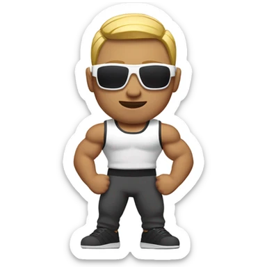 muscular asian personal trainer short golden hair with sunglasses white vest sticker