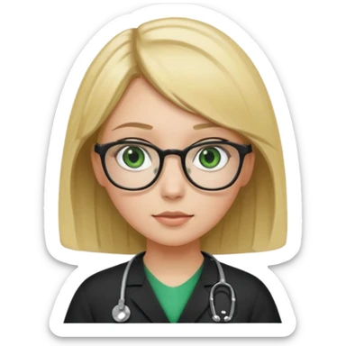 A girl in black scrubs with a blonde bob and glasses no stethoscope green eyes sticker