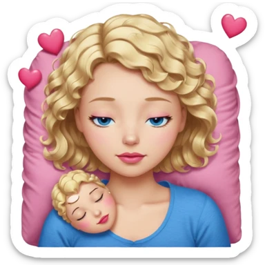Girl Blonde short wavy hair,  blue eyes, cute blue top, long lashes, pink lips, sleeping eyes closed, hearts  sticker