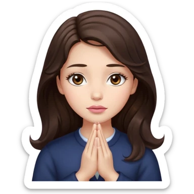 girl with wavy long glamorous dark brown hair, brown eyes, light to medium complexion, long lashes, almond shaped eyes, light pink lipstick, square shaped face. praying sticker