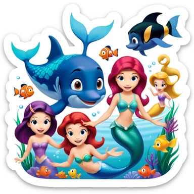 Colorful icon for Animated Movies: A vibrant collage featuring iconic characters like Goofy, Mickey Mouse, Ariel the Little Mermaid, Jasmine, Masha and the Bear, and Luntik. Each character should be large and bright, set against a cheerful and playful background. Transparent background. sticker