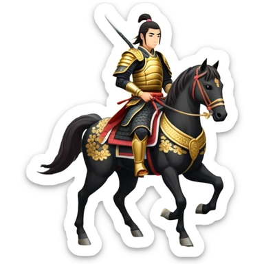 An icon representing an adventure game, inspired by feudal Japan. The design features a disciplined samurai riding a noble warhorse, its armor adorned with intricate patterns. A backdrop of cherry blossoms and a setting sun over a distant pagoda conveys a sense of honor, tradition, and battle-readiness. Transparent background. sticker
