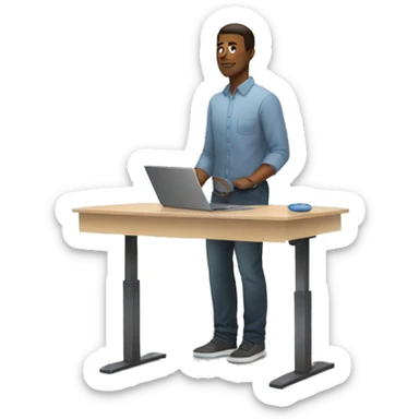 A white bllnde guy standing at a standing desk with laptop sticker