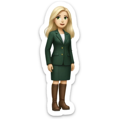 Realistic White woman with Long straight blonde hair and green eyes, dark green Wool oversize blazer, mini skirt and Brown heeled leather boots  sticker