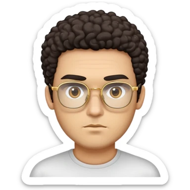 Man with angular square face, thick straight eyebrows, dark curly short hair, light stubble, neutral serious expression, wearing large square gold glasses sticker
