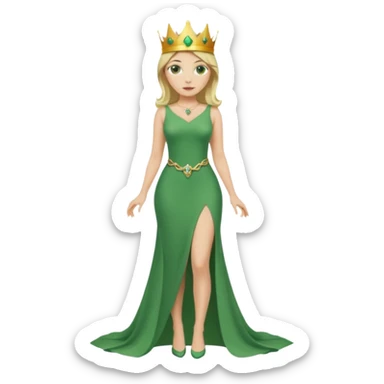 Queen, crown, blonde hair, green eyes, long green tight dress, Leg slit, whole Body, sticker