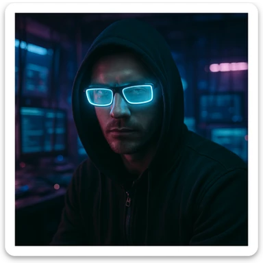 photorealistic hacker with glowing glasses in a dark tech lab, blue and purple neon, gritty atmosphere sticker