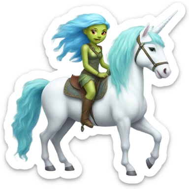 [{a light green Amazon alien woman with red hair with blue eyes} on a [{four-legged white unicorn:[{light blue mane}]] sticker